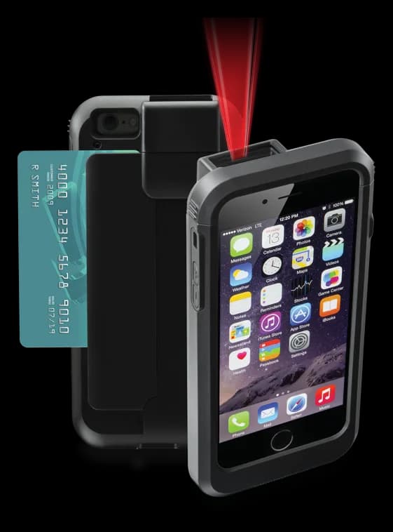QTrak Pro Scanner sled holding a phone, with an ID card being swiped