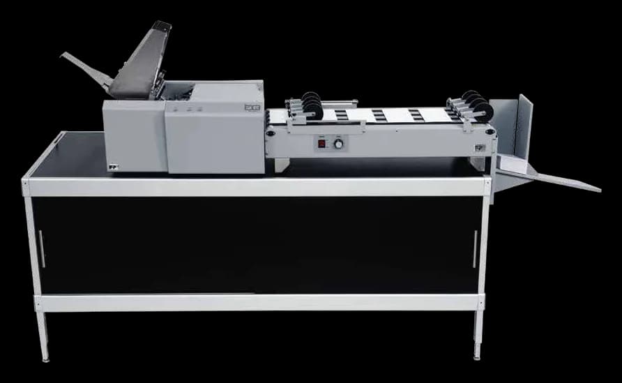 FP EDGE color envelope printer with feeder on its cabinet stand