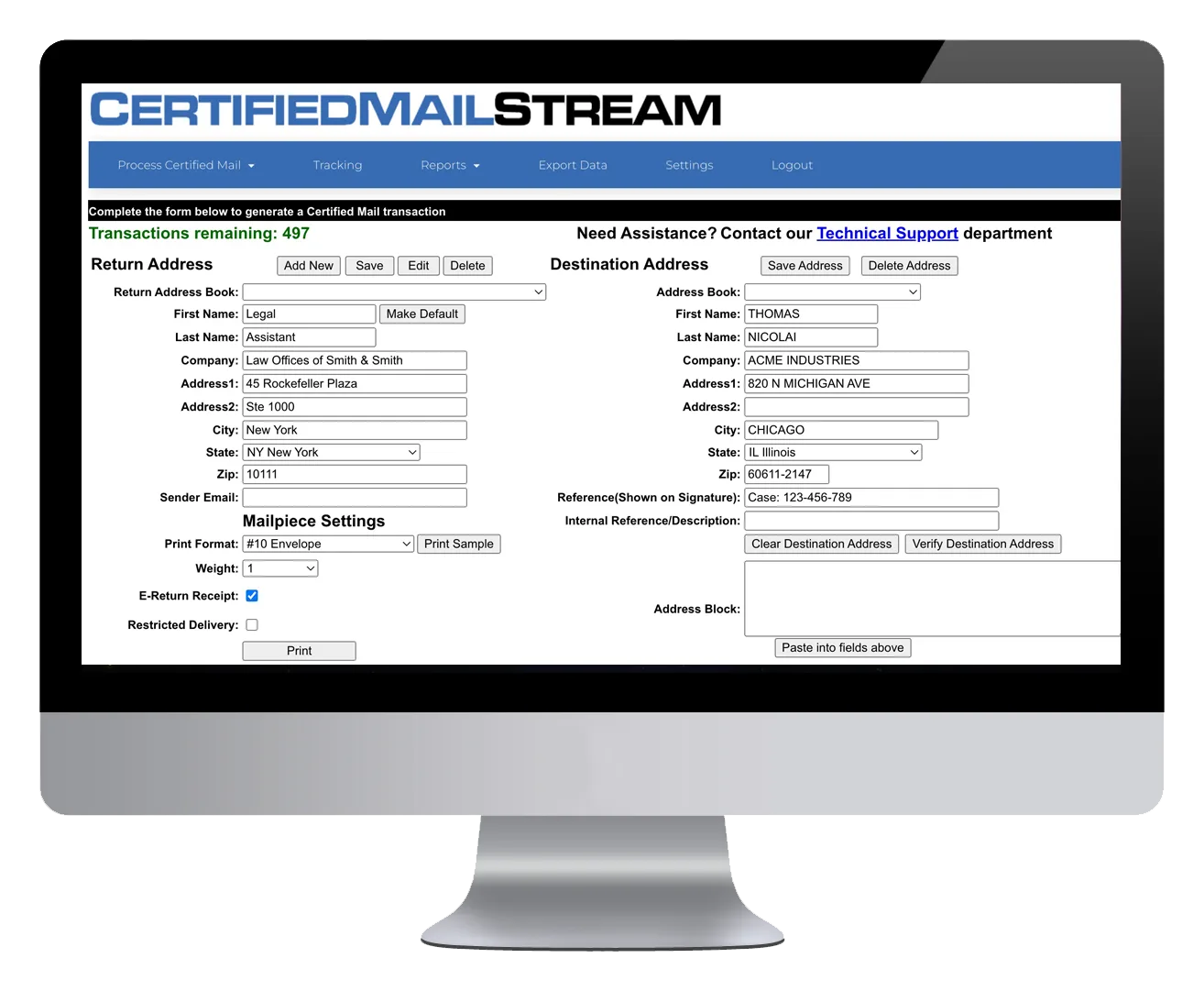 CertifiedMailStream's mail piece form on a desktop monitor