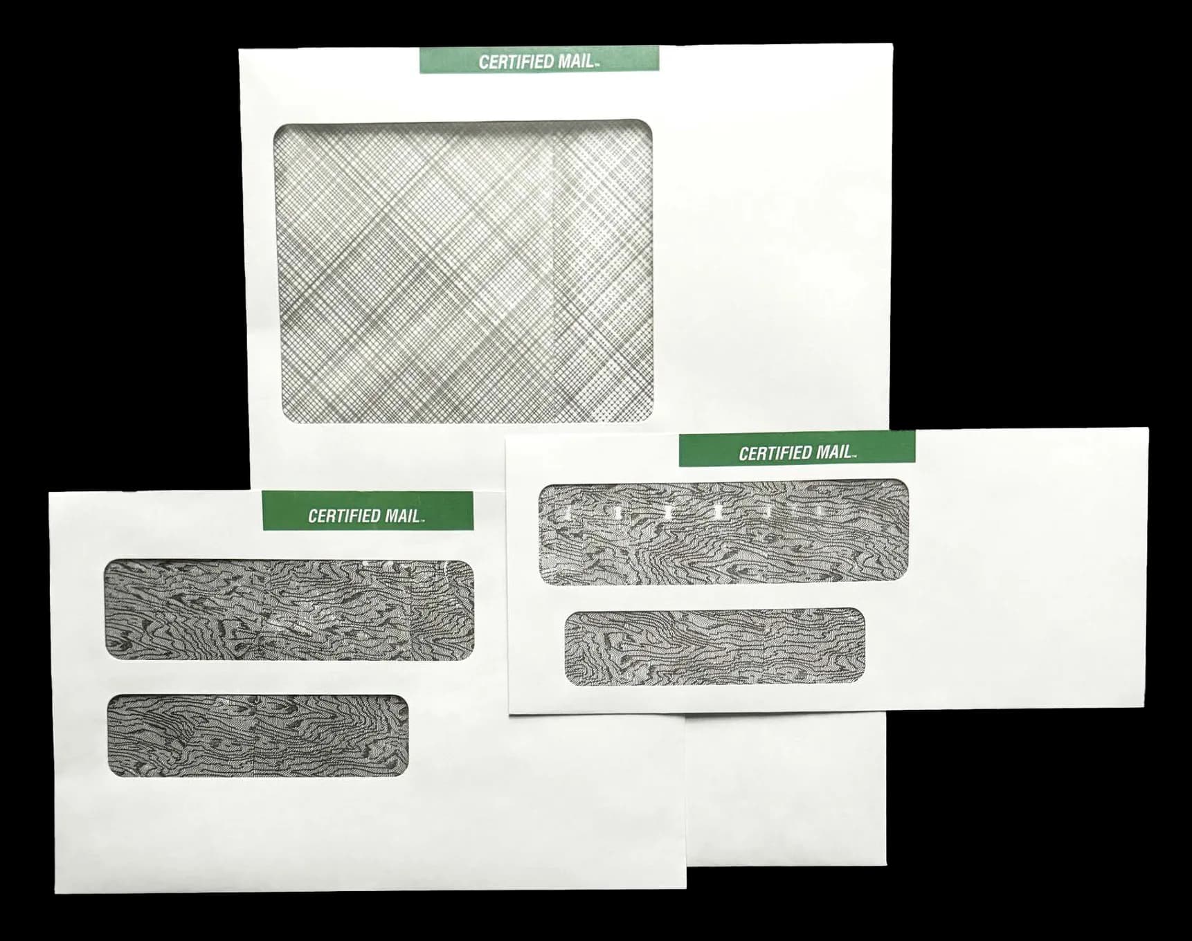 Double-window Certified Mail envelopes in #10, 6 x 9 and 9 x 12 sizes