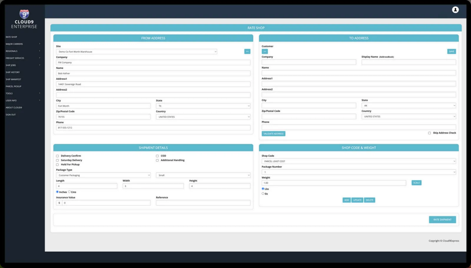 The Cloud9 Express shipping screen, with every carrier's rate for one package listed side by side