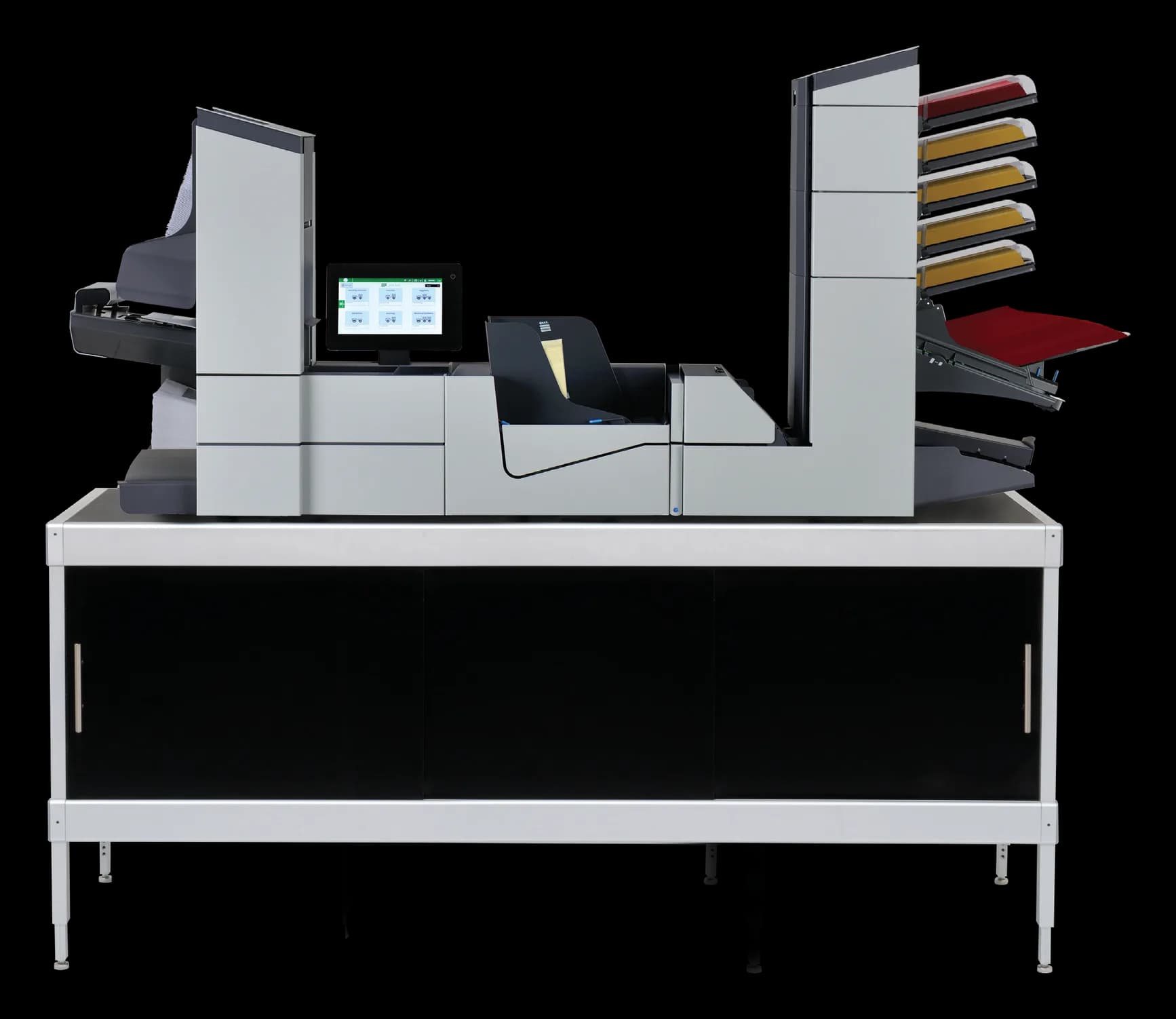 FP FPi 6700 folder inserter on its cabinet with vertical stacker