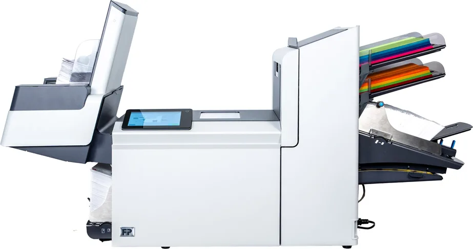 FP FPi 2800 folder inserter with feed trays loaded and a color touchscreen