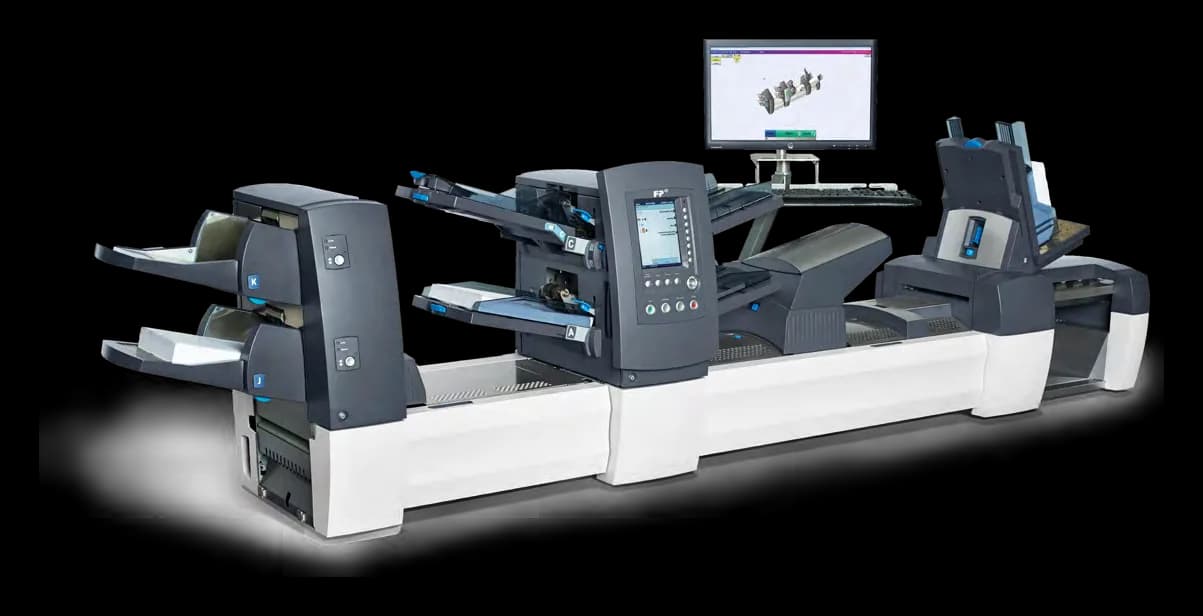 FP FPi 7140 folder inserter with feeder tower and high-capacity sheet feeders