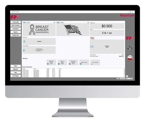 FP ReportOne software on a desktop monitor, showing the PostBase controls, postage value and transaction list