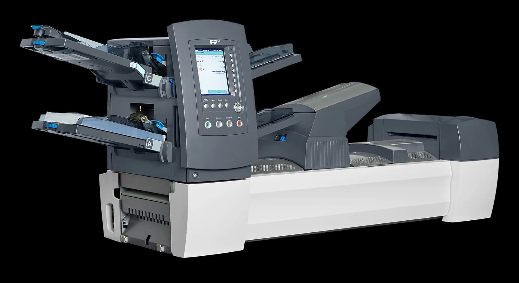 FP FPi 5130 folder inserter with its feeder tower, color touchscreen and side exit