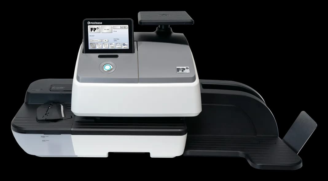 FP PostBase Insight i2 semi-automatic postage meter with adjustable touchscreen and integrated scale (the Insight chassis it shares with the i3)