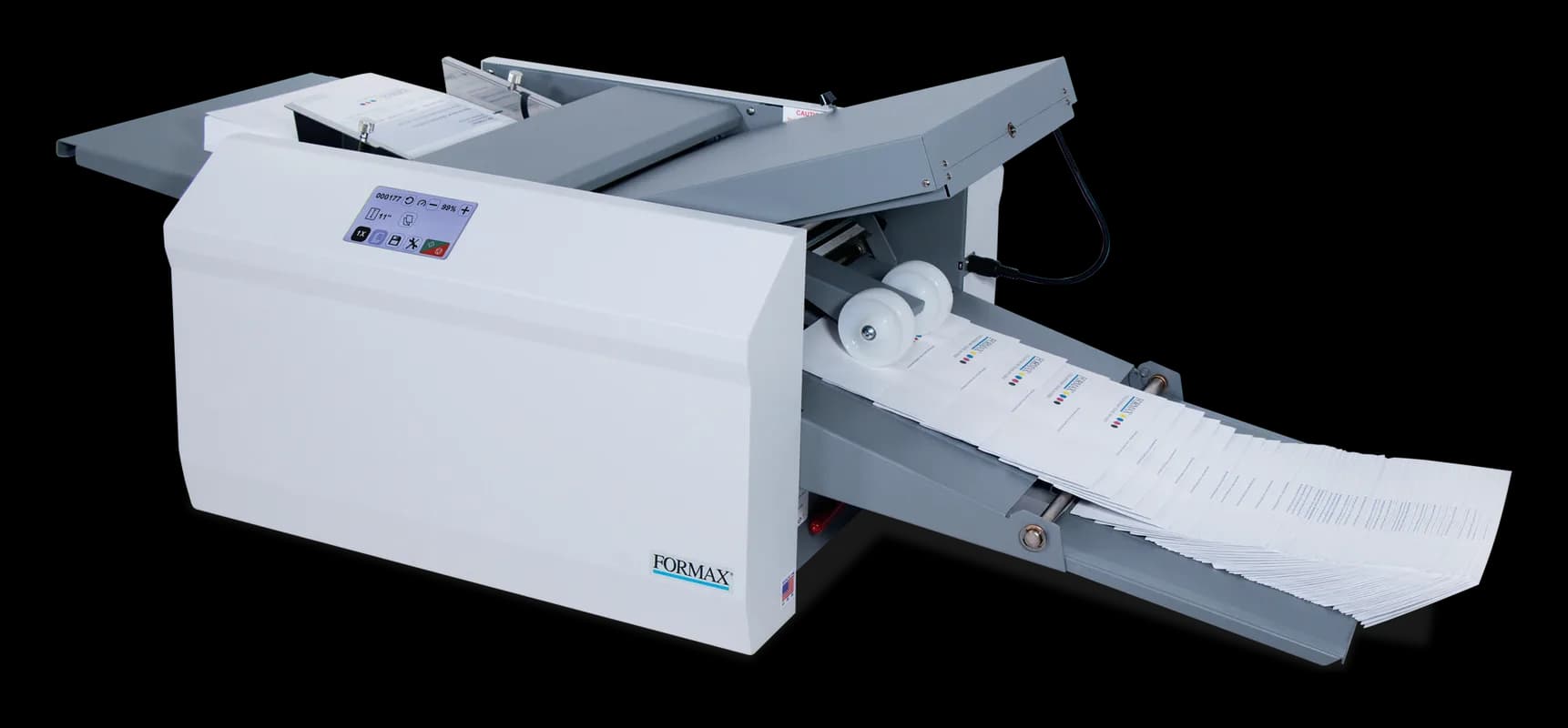 Formax AutoSeal FD 2056 tabletop pressure sealer with color touchscreen and sealed forms on the integrated conveyor