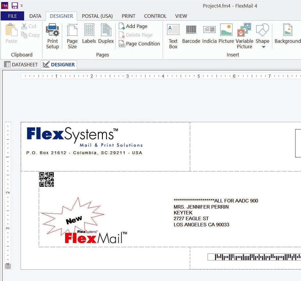 FlexMail 4 Designer screen with a variable-data envelope layout, Intelligent Mail barcode and 2D code