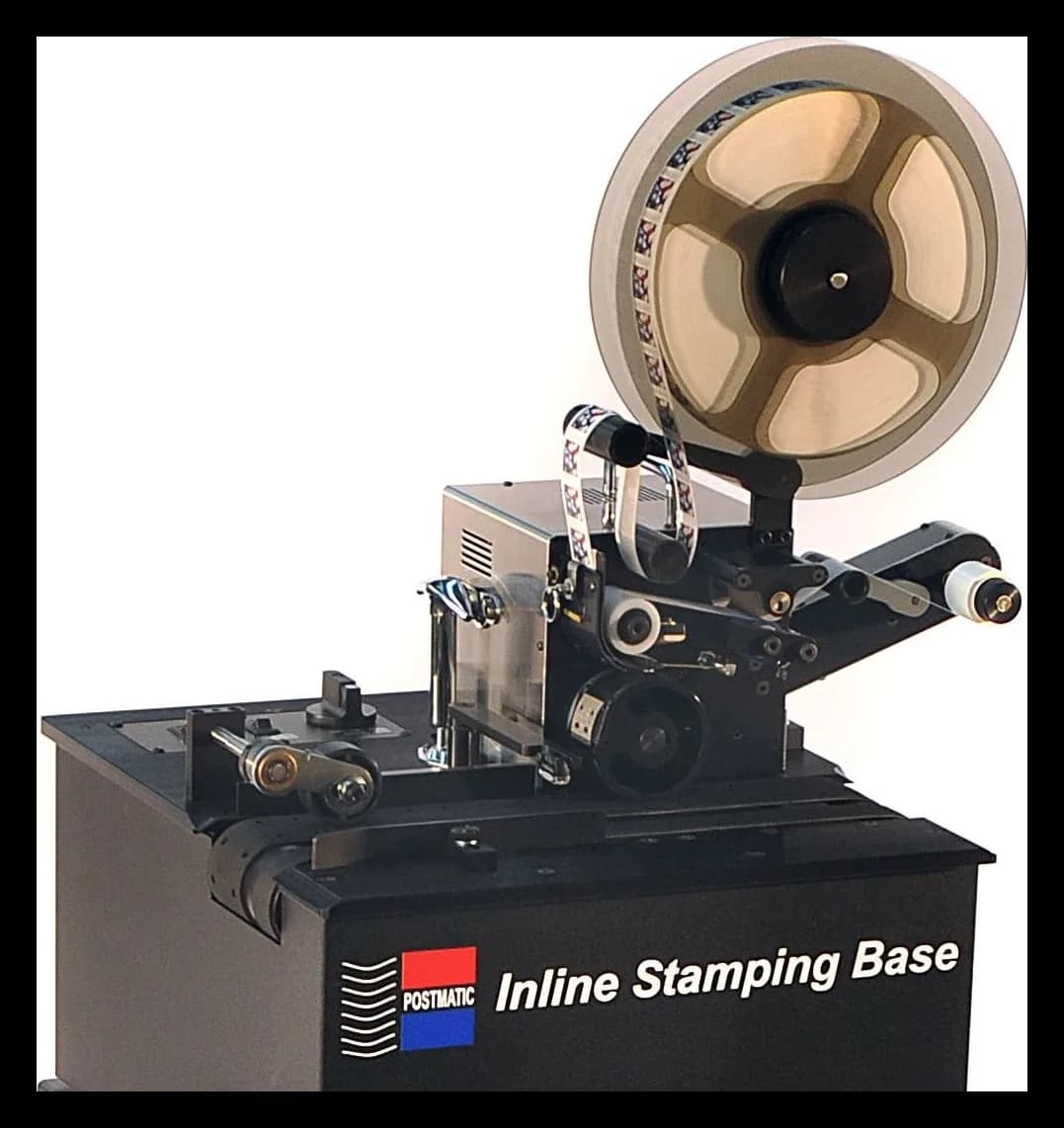 Postmatic Inline Stamping Base with a stamp affixer head and stamp coil, on its stand