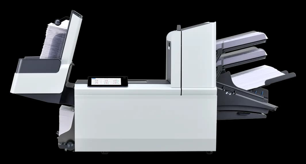 FP FPi 4800 folder inserter, side view, with a loaded envelope hopper, color touchscreen and document feeders