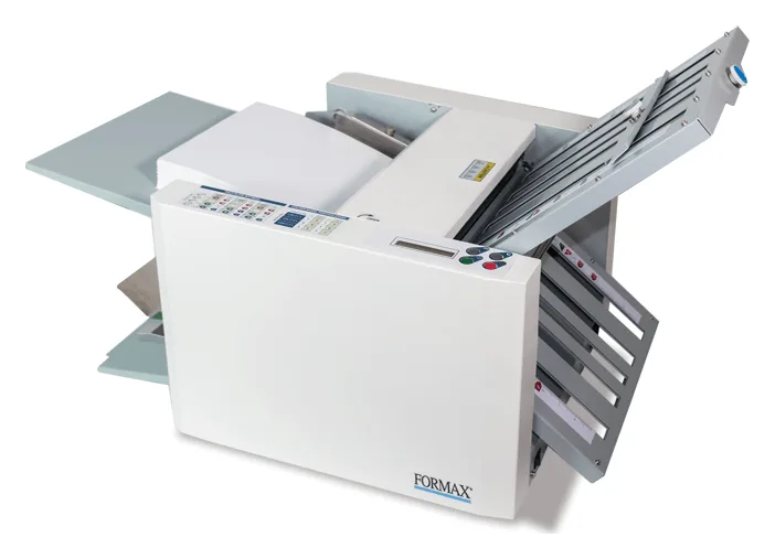 Formax FD 324 tabletop document folder with paper in the feed tray and fold plates fitted