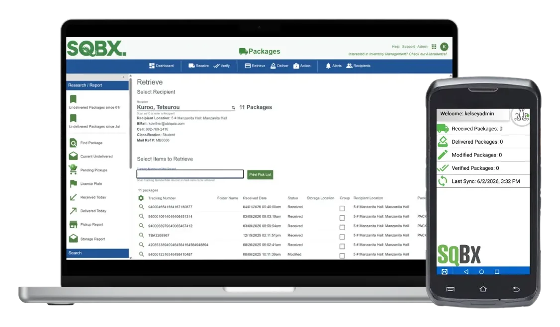 SQBX package tracking software on a laptop, with the SQBX mobile app on a rugged handheld scanner