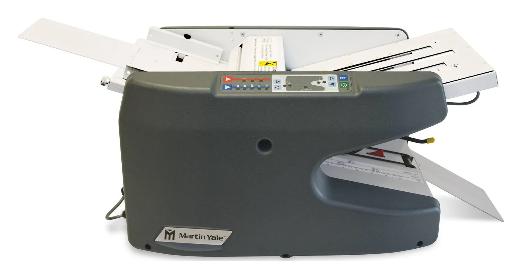 Martin Yale 1711 electronic AutoFolder, side view, with fold tables and stacker extended