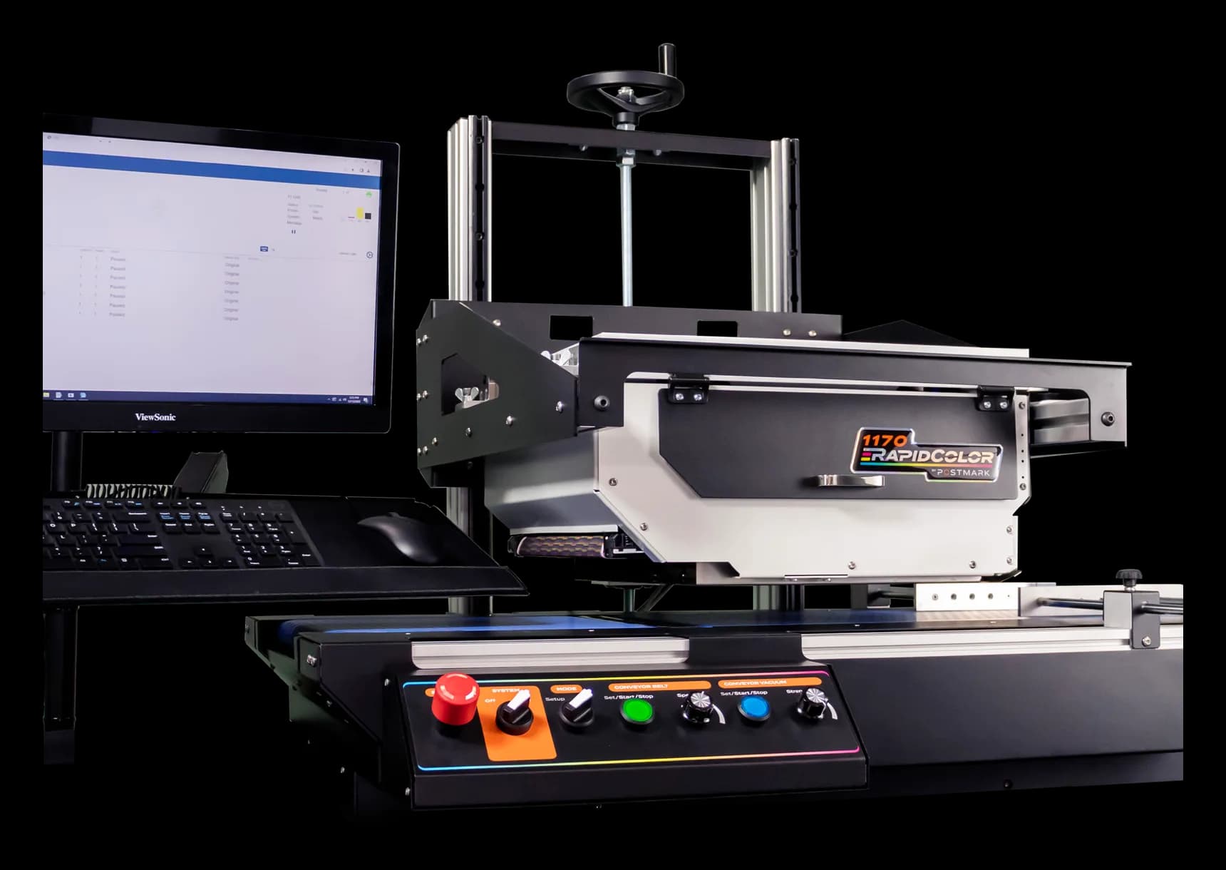 Close-up of the Postmark 1170 RapidColor print engine with its monitor and keyboard