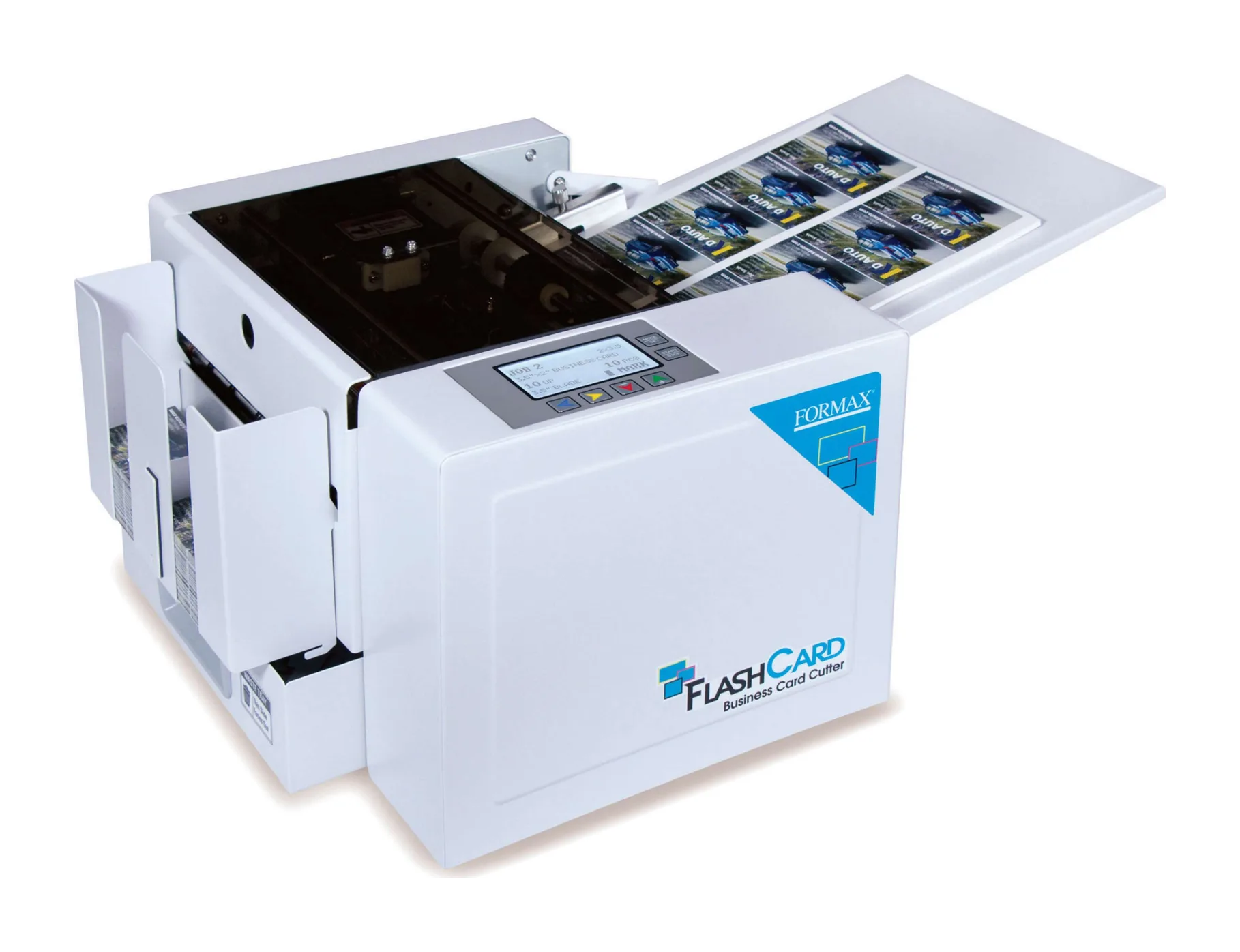 Formax FlashCard business card cutter with a printed sheet of cards in the feed tray