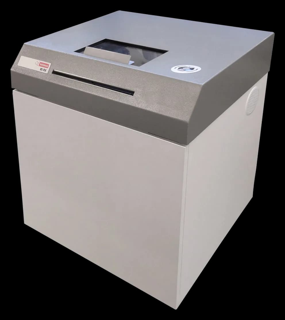 Intimus 85RX pharmacy shredder with paper slot and sliding top cover for pill bottles